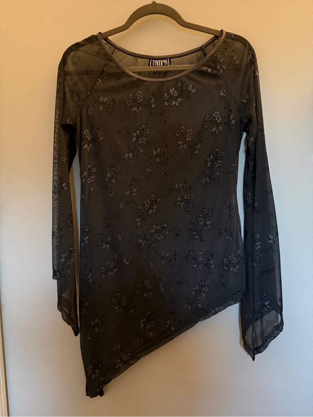 Dark Grey Sheer Floral Asymmetrical Long Sleeve Top